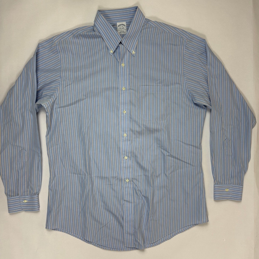 Brooks Brothers 346 Mens 17 36 Dress Shirt Slim Fit Non-Iron Blue Tan Striped XL